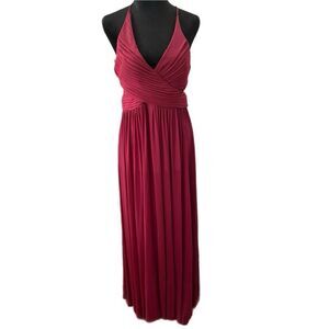 Burgundy Formal V-neck halter ruched bodice, crisscross waist Maxi Dress. size 7